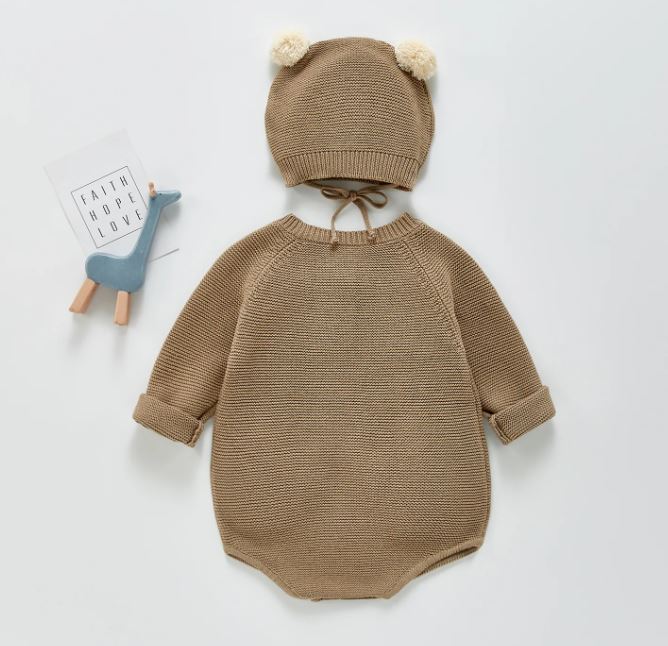 Baby Boys Girls Long Sleeve Knit Jumpsuit + Hat/Brown