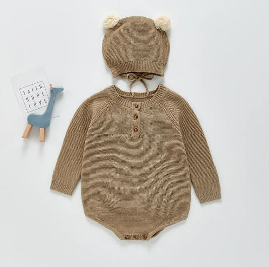 Baby Boys Girls Long Sleeve Knit Jumpsuit + Hat/Brown