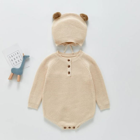 Baby Boys Girls Long Sleeve Knit Jumpsuit + Hat/Apricot