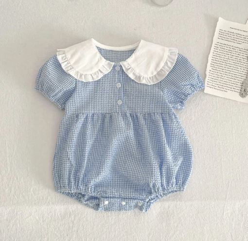 Cute Baby Girls Jumpsuits Short Sleeve Grid/Blue