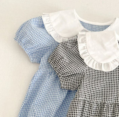 Cute Baby Girls Jumpsuits Short Sleeve Grid/Black